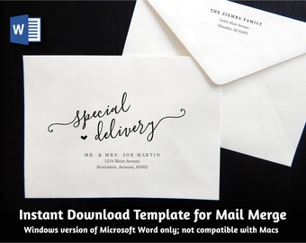 Wedding Address Envelope Template for Microsoft Word Mail Merge - Printable Modern Script Instant Download Digital File A7 - Christmas