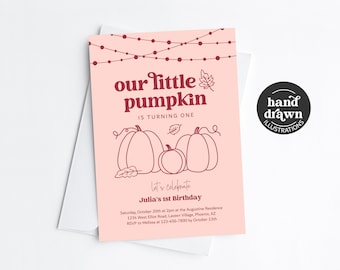 Girls Little Pumpkin First Birthday Invitation Template, Printable Fall Autumn Pink 1st Bday Party Invite Evite Download, Our Pumpkin is One