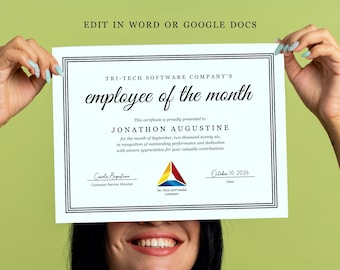 Employee of the Month Certificate Template, Business Recognition Award, Microsoft Word & Google Docs (Instant Download)