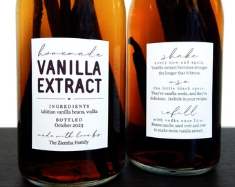 Homemade Vanilla Extract Labels with Instructions - Set of 18 Front and Back (36 in all) Personalized Gift Stickers - Water & Oil Resistant