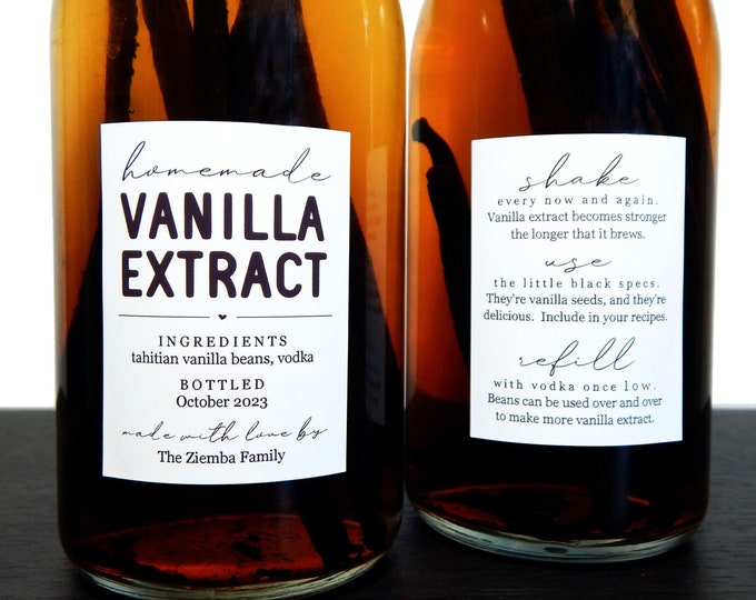 Featured listing image: Homemade Vanilla Extract Labels with Instructions - Set of 18 Front and Back (36 in all) Personalized Gift Stickers - Water & Oil Resistant