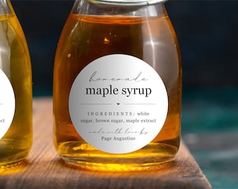 Homemade Syrup Label Template - Printable Round Maple Pancake Syrup Gift Sticker, Personalize Custom Editable Digital File Instant Download