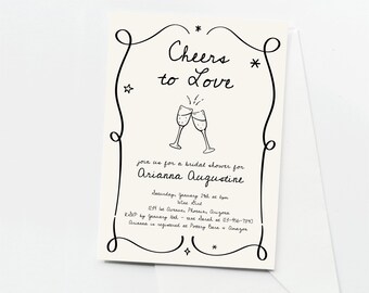 Cheers to Love Invitation Template, Printable Hand Drawn Wine Champagne Bridal Shower, Couple Shower, Engagement Party, Rehearsal Dinner