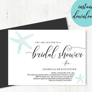 Beach Bridal Shower Invitation Template, Printable Beach Theme Invite, Unique Simple Starfish, Wedding Instant Download Digital File DIY PDF