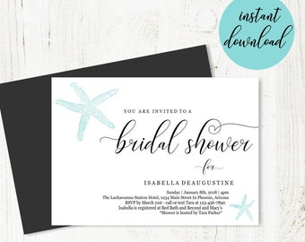 Beach Bridal Shower Invitation Template, Printable Beach Theme Invite, Unique Simple Starfish, Wedding Instant Download Digital File DIY PDF