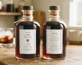 Plantilla de etiqueta para licor de café, pegatina imprimible para botella de cóctel casero con instrucciones y recetas, edita la plantilla en Canva.