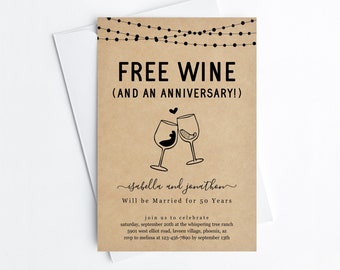 Free Wine Funny Anniversary Party Invitation Template, Fun Printable Winery Invite Evite Editable 5th 10th 20th 25th 30th 40th 50th 60th