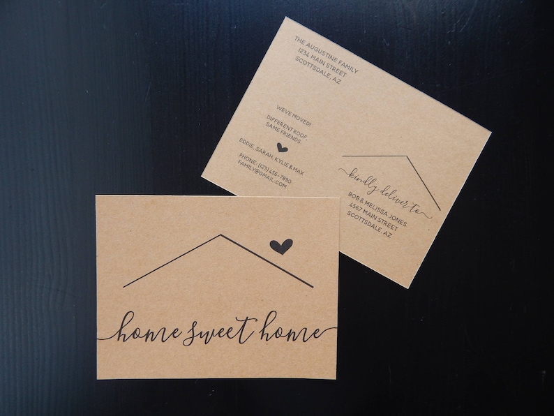 May include: Two brown cards with black text. The top card has the text "The Augustine Family" and "kindly deliver to" with an address. The bottom card has a simple house drawing with a heart and the text "home sweet home".