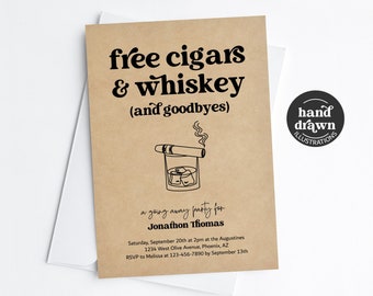 Whiskey & Cigars Going Away Party Invitation Template, Printable Funny Fun Men's Farewell Goodbye Moving Invite Evite Download Digital