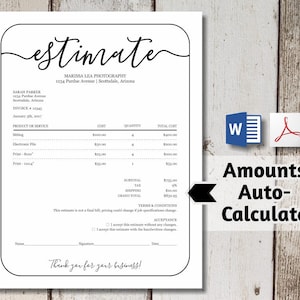 Puede incluir: Un formulario de presupuesto en blanco y negro con el título "estimate" en letra cursiva. El formulario incluye una lista de servicios, costes, cantidades y costes totales. El formulario también incluye una sección para los términos y condiciones y la aceptación.