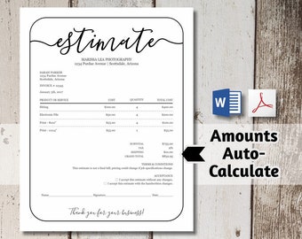 Printable Estimate Template - Price Quote, Work Proposal, Business Form - Word, PDF Download -  Simple Editable Personalized Customize