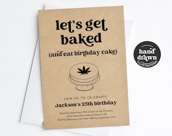 Plantilla de invitación de cumpleaños con temática de cannabis, ¡Vamos a fumar y a comer pastel de cumpleaños!, Fiesta temática de marihuana imprimible, Retro (Descarga digital)
