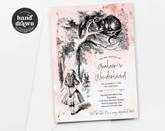 Alice in Wonderland Birthday Invitation Template, Printable Vintage Original Hand Drawn Party Invite Evite Download Digital Bday Text Phone