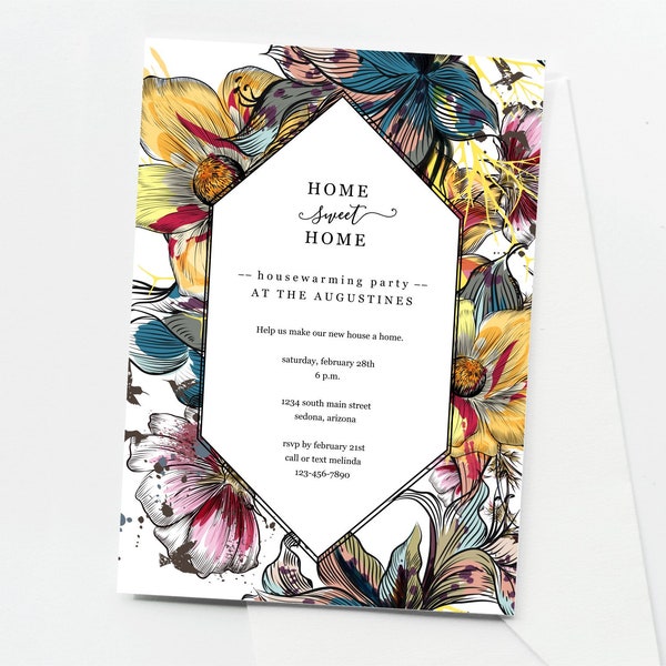 Unique Colorful Housewarming Party Invitation Template, Printable Dramatic Floral Invite & Evite, Retro Modern Flowers Instant Download File