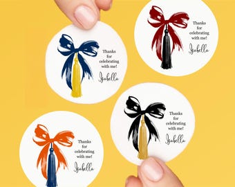 School Colors Bow & Tassel Graduation Favor Sticker Template, 2" Round Coquette Gift Label (Digital Download)