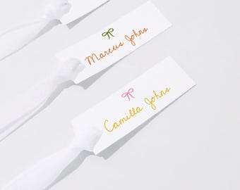 Bow Wedding Place Cards, Colorful, Slim, Hand Drawn, Also Use as Escort Cards with Table Number & Meal Icons, Printable Editable Template