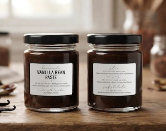 Etiquetas para pasta de vainilla casera con instrucciones, juego de 18 (anverso y reverso, 36 en total), pegatinas de regalo personalizadas, resistentes al agua y al aceite.