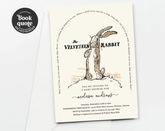 Velveteen Rabbit Baby Shower Invitation Template, Printable Gender Neutral for Boy or Girl w Quote, Invite Evite Download Digital Text Phone