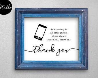 Editable No Cell Phone Sign Template, Business Wedding Home Doctor Medical Office - DIY Printable Instant Download Digital File PDF 5x7 8x10