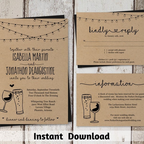 Wein & Bier Glas Toast Hochzeit Einladung Vorlage - Rustikale Weingut Brauerei Brennerei Printable Set - Kraftpapier | Sofort Download-Paket