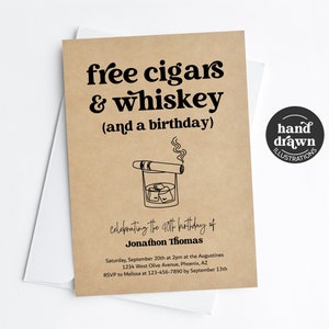 Cigars & Whiskey Birthday Party Invitation Template, Printable Fun Funny Free Man Theme Invite Evite Download Digital File Kraft