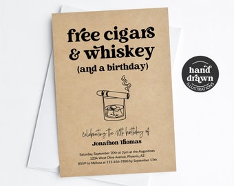 Cigars & Whiskey Birthday Party Invitation Template, Printable Fun Funny Free Man Theme Invite Evite Download Digital File Kraft