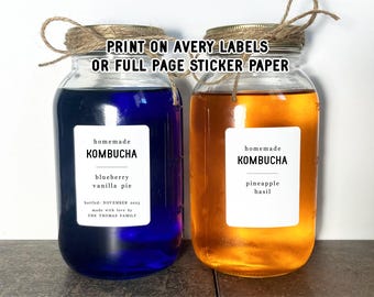 Homemade Kombucha Label Template - Printable Kombucha Bottle Gift Sticker, Personalize Custom Avery Digital File Instant Download DIY