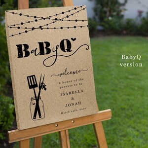 May include: A brown welcome sign with the text "BaByQ" in black lettering. The sign also includes the text "welcome", "in honor of the parents to be", "ISABELLA & JONAH", and "March 24th, 20xx".