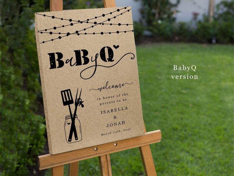 May include: A brown welcome sign with the text "BaByQ" in black lettering. The sign also includes the text "welcome", "in honor of the parents to be", "ISABELLA & JONAH", and "March 24th, 20xx".