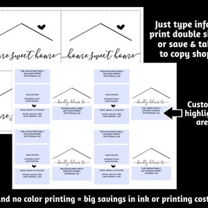 May include: Printable template for creating personalized housewarming cards. The template features a house icon with the text "home sweet home" and a customizable area for adding names, addresses, and a "kindly believes to" message.