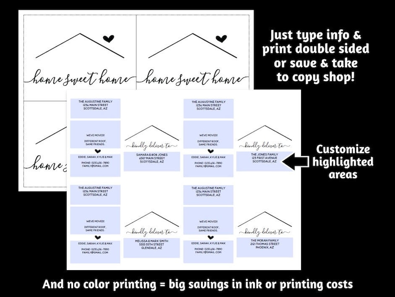 May include: Printable template for creating personalized housewarming cards. The template features a house icon with the text "home sweet home" and a customizable area for adding names, addresses, and a "kindly believes to" message.