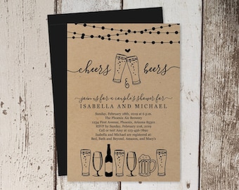 Cheers & Beer Couple Shower Invitation Template, Beer Bridal Wedding Rehearsal Dinner Engagement Party, Brewery Invite Download, Kraft Paper