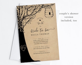 Bride to Bee Bridal Shower Invitation Template, Couples Wedding Shower Invite & Evite, Printable Instant Download Digital File, Rustic Kraft