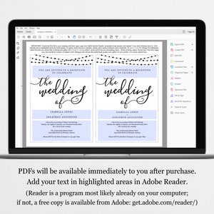 May include: A digital wedding invitation template with a light blue background and black text. The text reads "You are invited to a reception to celebrate the wedding of Isabella Jones and Jonathon Augustine".