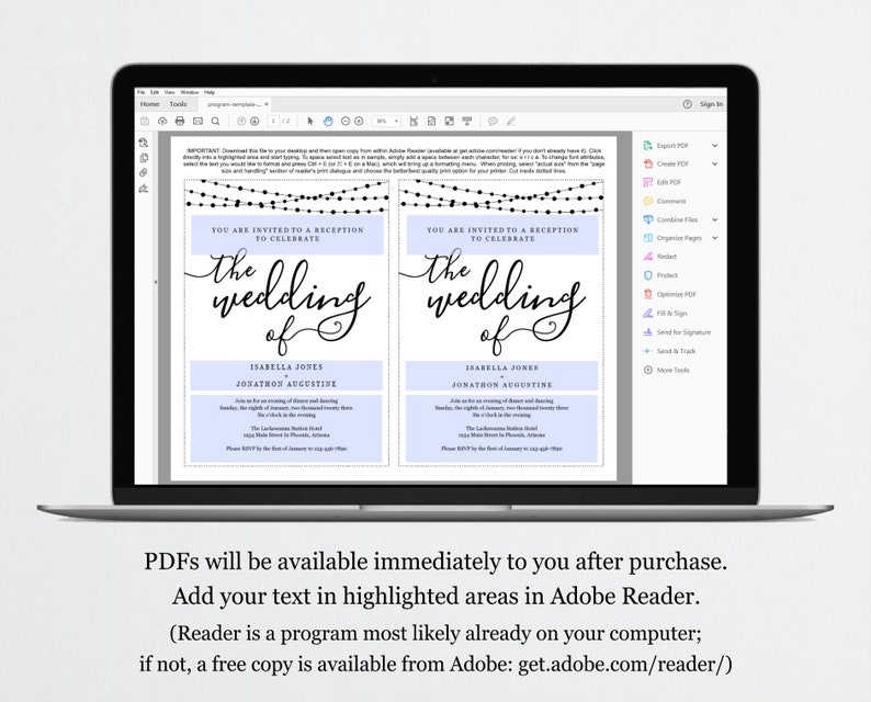 May include: A digital wedding invitation template with a light blue background and black text. The text reads "You are invited to a reception to celebrate the wedding of Isabella Jones and Jonathon Augustine".
