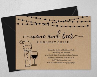 Christmas Party Invitation Printable Template - Wine Beer Holiday Cheer Fun Invite & Evite, Editable Instant Download Digital File 5x7 PDF
