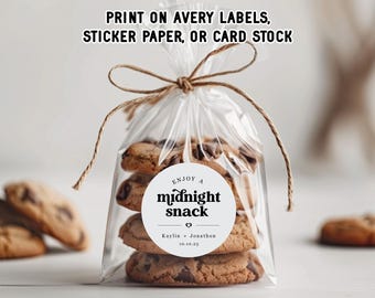 Midnight Snack Wedding Favor Label Template - Printable 2" Round Late Night Sweet Salty Treat Sticker, Snack Bag Seal, Digital File Download