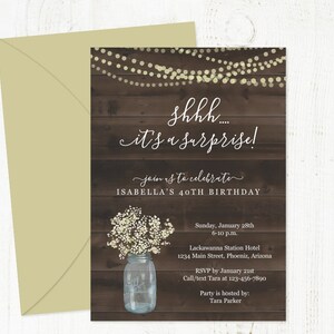 Rustic Surprise Party Invitation Template - Printable Surprise Birthday Invite, Mason Jar, Light - PDF Instant Download Digital File - Women
