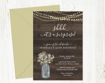 Rustic Surprise Party Invitation Template - Printable Surprise Birthday Invite, Mason Jar, Light - PDF Instant Download Digital File - Women