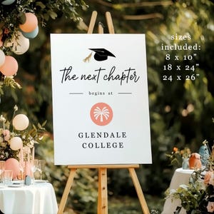 The Next Chapter begins with College Logo Sign, Printable High School Graduation Party Decoration Template, Instant Download Digital File image 3