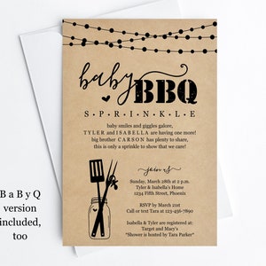 Sjabloon baby strooi BBQ-uitnodiging, afdrukbare genderneutraal paar baby Q barbecue barbecue feest BabyQ uitnodigen, instant downloadbestand