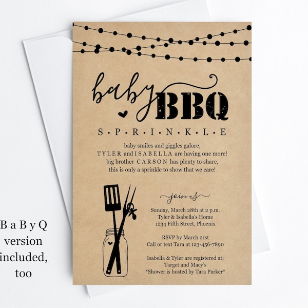 Baby Sprinkle BBQ Invitation Template, Printable Gender Neutral Couple's Baby Q Barbeque Barbecue Party BabyQ Invite, Instant Download File