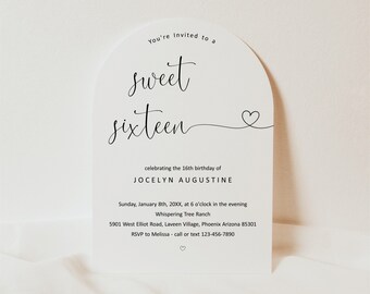 Arched Sweet 16 Invitation Template, Printable Arch Sixteen Birthday Party Invite, Modern Unique Instant Download Digital File PDF