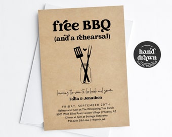 Funny BBQ Rehearsal Dinner Invitation Template, Printable Fun Free Barbeque Wedding Rehearsal Invite Evite, Kraft Download Digital File
