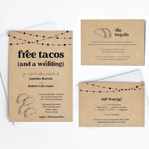 Modello di invito a nozze divertente con taco, set stampabile gratuito per camion della festa messicana con tacos, carta Kraft / Suite digitale con download istantaneo