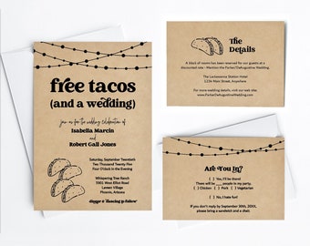 Funny Taco Wedding Invitation Template, Free Tacos Fun Mexican Fiesta Bar Truck Printable Set, Kraft Paper | Instant Download Digital Suite