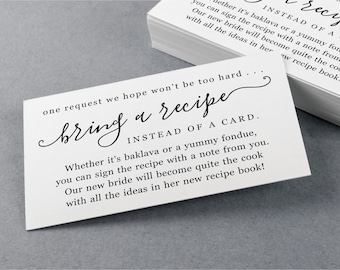 Please Bring Recipe Instead of a Card Request, Printable Template for Bridal Shower, Invitation Insert Enclosure - Digital File Download