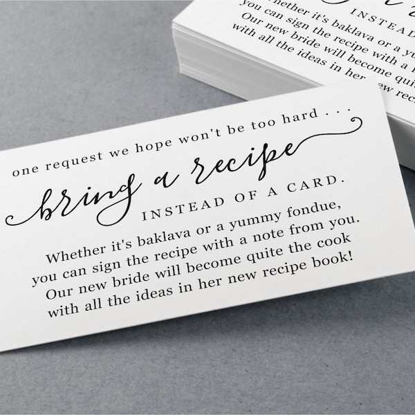 Please Bring Recipe Instead of a Card Request, Printable Template for Bridal Shower, Invitation Insert Enclosure - Digital File Download