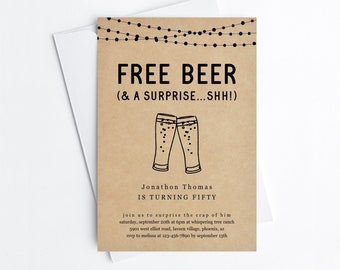 Free Beer Funny Surprise Party Invitation Template, Fun Printable Birthday Anniversary Retirement Invite Evite, Download Digital File PDF