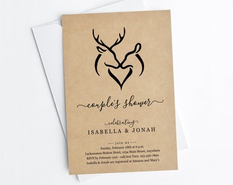 Deer Antler Hunter Invitation Template, Stag / Buck & Doe Couple Wedding / Bridal Shower, Engagement Party, Rehearsal Dinner Invite Download